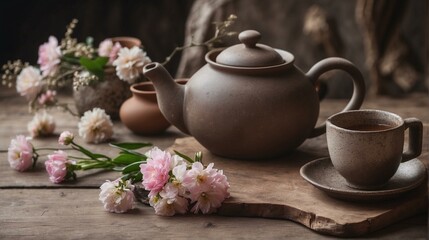 Obraz na płótnie Canvas An antique teapot and cup set with delicate flowers on a rustic wooden table, creating a cozy atmosphere
