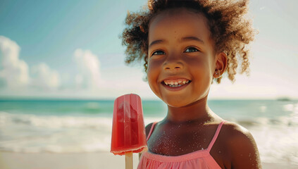 portrait of a young smiling african american girl eating a popsicle ice cream on hot summer day at the beach