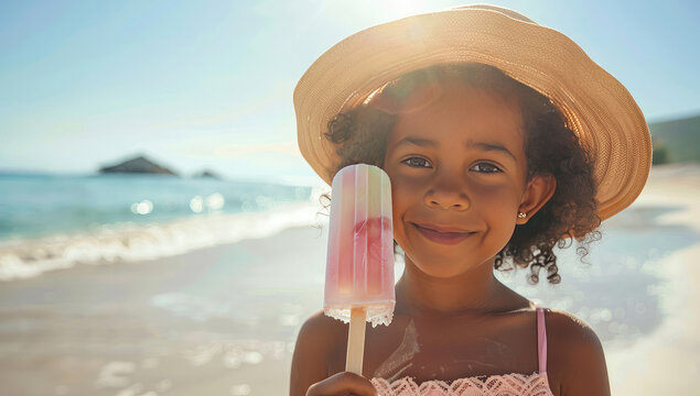 portrait of a young smiling african american girl eating a popsicle ice cream on hot summer day at the beach - Powered by Adobe