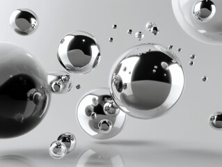 A collection of shiny silver orbs floating effortlessly against a bright, neutral background.