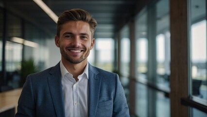 Fototapeta premium Portrait of successful young businessman headshot of executive consultant looking at camera smiling inside modern office building