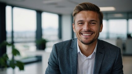 Portrait of successful young businessman headshot of executive consultant looking at camera smiling inside modern office building