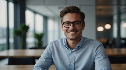 Portrait of successful young businessman headshot of executive consultant looking at camera smiling inside modern office building - obrazy, fototapety, plakaty