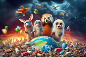 Small animals are horrified by the ongoing destruction of the earth by humanity. - obrazy, fototapety, plakaty