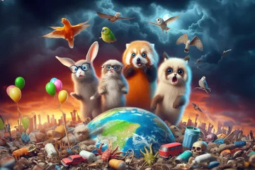 Fotobehang Small animals are horrified by the ongoing destruction of the earth by humanity. © andov