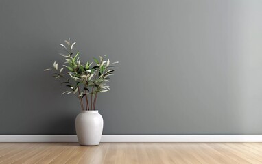 gray wall interior with plant vase on wooden floor. generative ai - obrazy, fototapety, plakaty