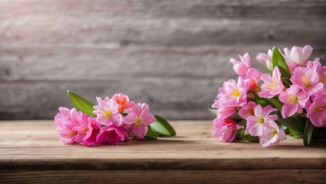 A bouquet of fresh pink tulips lying on a weathered wooden table with a textured background