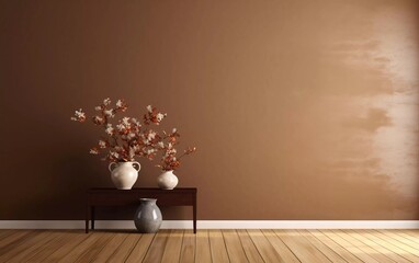 brown wall interior with plant vase on wooden floor. generative ai