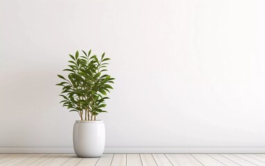 white wall interior with plant vase on wooden floor. generative ai