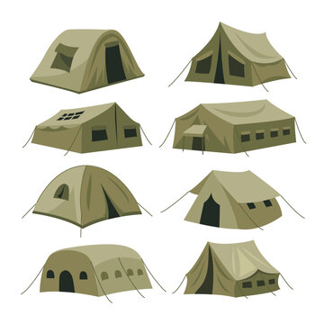 Set of Green military tents cartoon illustration set, Camping tents or shelter of different shapes for soldiers or hiking outdoor recreation, army camp, touristic equipment, vector illustration.