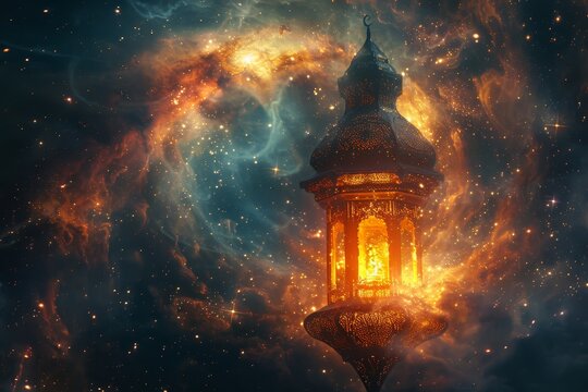 A digital art piece where a galaxy forms the shape of a traditional Islamic lantern, with stars and nebulae swirling around it