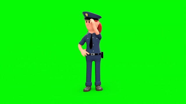 3D Rendered Animated Scene Of Cartoon Female Police Looking Around Hat's Off To Someone Standing In Green Background.