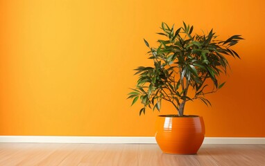 orange wall interior with plant vase on wooden floor. generative ai