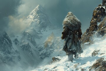 a viking with a big beard and fur armor walks on a snowy mountainside, blizzard, snow, castle