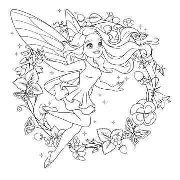 Beautiful flying fairy with wings surrounded with flowers. Vector coloring page.