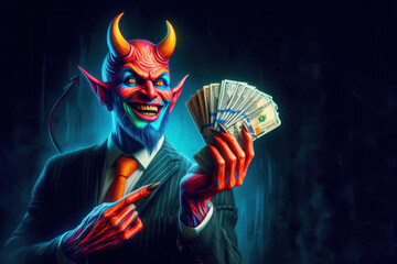 The devil offers to make a deal with him and gives him money and power. - obrazy, fototapety, plakaty