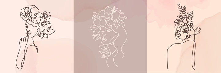 Female Silhouettes with Flowers Wall Art Prints Set Line Drawing. Woman Face with Flowers Minimal Fashion Design. Female Beauty Line Art, Vector Illustration. Woman Contemporary Portrait Minimal Style
