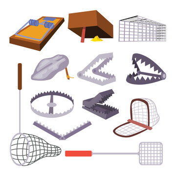 Set of animal trap set collection, various Trap for animal, Metal pitfall icon cartoon isolated on white background, with net fish trap, mouse trap, box, stone, vector illustration