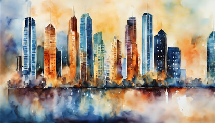 Abstract Watercolor City Reflection in Sunset Hues