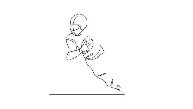 Animated self drawing of an American football player who is competing on the field video illustration. Sports design illustration simple linear style video concept. American football design video.