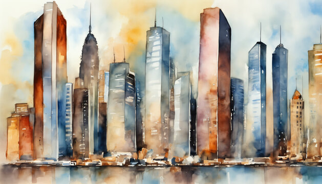 Watercolor Urban Skyline at Sunset