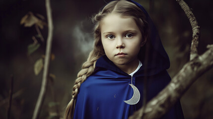 Femminile che porta un ciondolo a forma di luna in atmosfera surreale