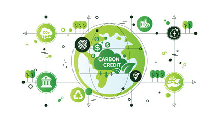 The concept of carbon credit with icons. Tradable certificate to drive industry and company to the direction of low emissions and carbon offset solution. Green vector illustration template. - obrazy, fototapety, plakaty