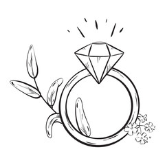 a black and white drawing of a wedding ring with a diamond in it