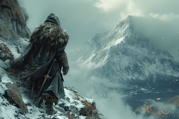 a viking with a big beard and fur armor walks on a snowy mountainside, blizzard, snow, castle