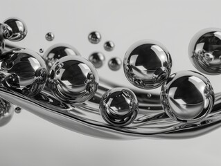 A collection of polished metallic spheres of various sizes on a reflective undulating surface, presenting a sleek, modern aesthetic.
