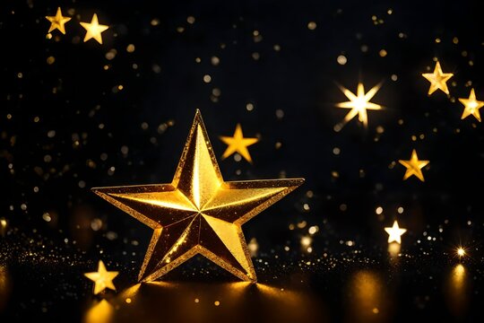Golden christmas star on bokeh black background xmas card with gold star shining discretely on a dark wall setting seasonal greetings invitation festivity luxury Star shaped bokeh, blurred lights.