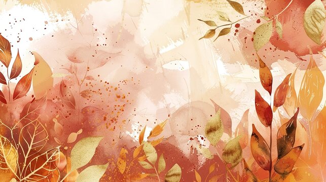 Autumn background vector. Hand painted watercolor and gold brush texture, Flower and botanical leaves hand drawing. Abstract art design for wallpaper, wall arts, cover , wedding and invite card