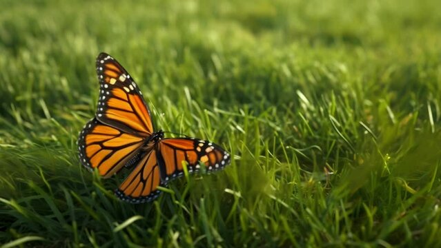 Closeup of a Monarch butterfly struggling to lay its eggs on a single milkweed plant amidst a sea of mowed lawns and urban development