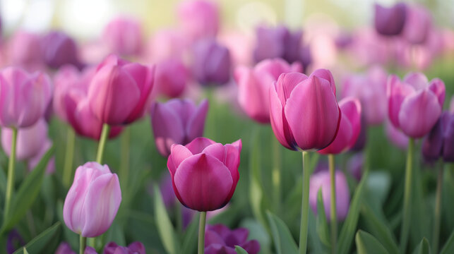 Spring Landscapes background. Pink And Purple Tulip Flowers Fields Growing In Crops.