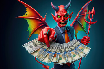 The Good Devil offers money and holds a large amount of banknotes in his hand.