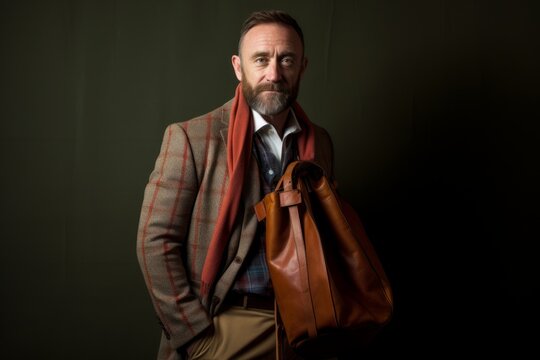 elegant senior man with a fashionable hairstyle and beard holding a brown leather bag on a dark background