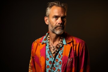 Portrait of a handsome mature man with long gray beard and mustache in colorful boho shirt on dark background