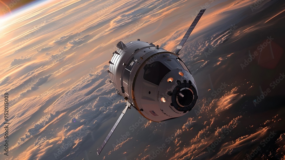 Poster spacecraft gliding through space in the style of vray, to provide a visually striking and technicall
