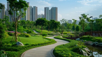 Fototapeta na wymiar Urban Oasis A Green Walkway Through a Fusion Cityscape, To showcase the fusion of nature and urban living, this image is ideal for travel and leisure