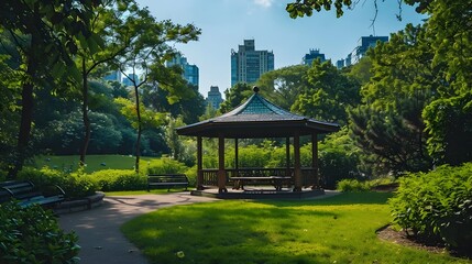 Obraz premium Gazebo in Vibrant City Park, To provide a peaceful and serene image of an urban park, suitable for calming and relaxing concepts