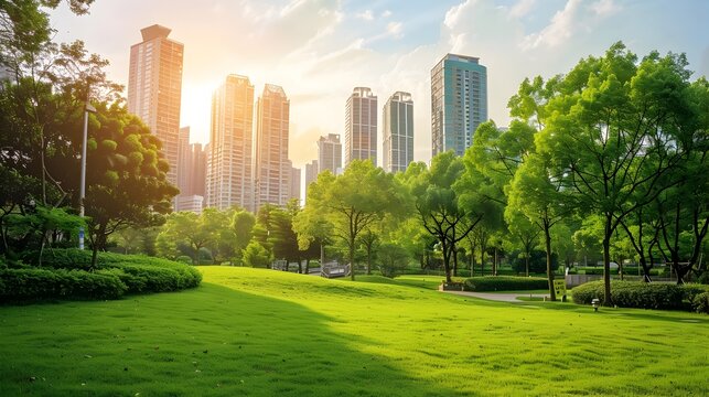 Sunny City Park with Captivating Skylines, To provide a peaceful and calming image that showcases the perfect blend of urban and natural elements,