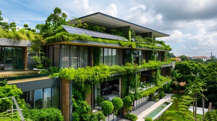 Fototapeta na wymiar Modern Villa with Greenery-Covered Rooftop in Singapore, Highlighting the beauty and innovation of eco-friendly residential architecture in Singapore