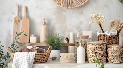 Natural Home Decor with Baskets and Plants, To showcase the beauty and functionality of natural home decor, specifically baskets and plants, in