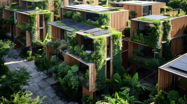 Green Roof Apartments and Houses in Futuristic Cityscapes, To showcase the innovative and sustainable designs of modern apartments and houses with