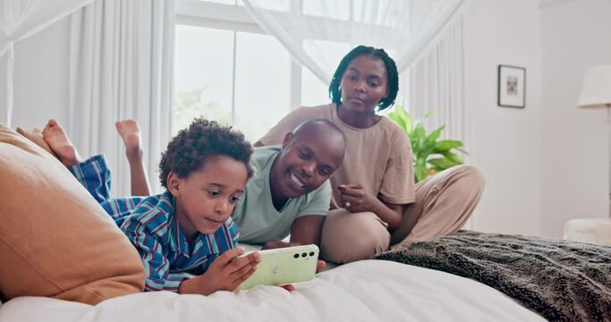 Bedroom, relax and black family with smartphone, happy and internet with connection and digital app. Home, parents and mother with father and child with cellphone and social media with kid and smile