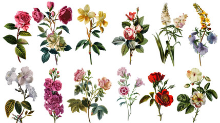 A collection of flowers. Sketches of blossoms with stalks and leaves. transparent, isolated set of different florets. A bush of wild roses. A spring yellow bloom twig. Watercolor painting. PNG File