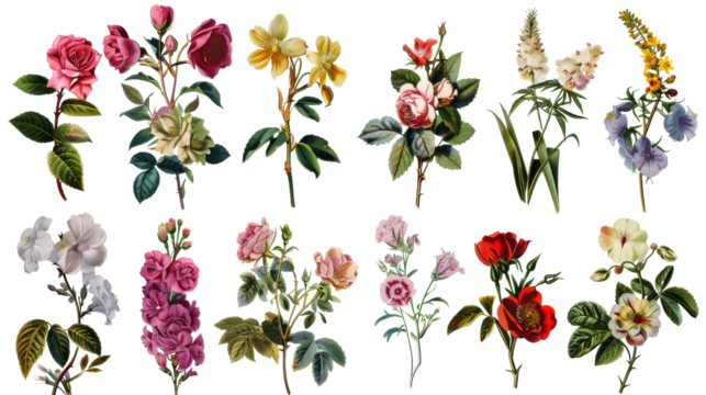 A collection of flowers. Sketches of blossoms with stalks and leaves. transparent, isolated set of different florets. A bush of wild roses. A spring yellow bloom twig. Watercolor painting. PNG File