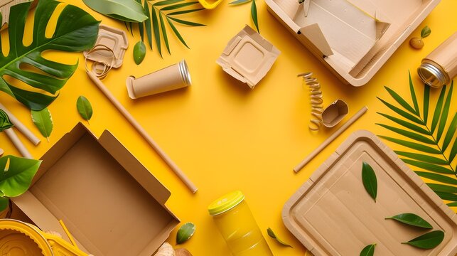 Recycling and Nature-Inspired Composition with Trash Containers on Yellow Background, To convey a message of environmental responsibility and