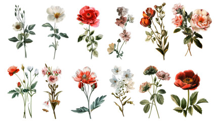 A collection of flowers. Sketches of blossoms with stalks and leaves. transparent, isolated set of different florets. A bush of wild roses. A spring yellow bloom twig. Watercolor painting. PNG File