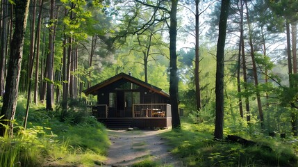 Cozy Cabin in the Welsh Woodlands, To provide a stunning and atmospheric representation of a cozy cabin in the woodland of Wales, perfect for use as